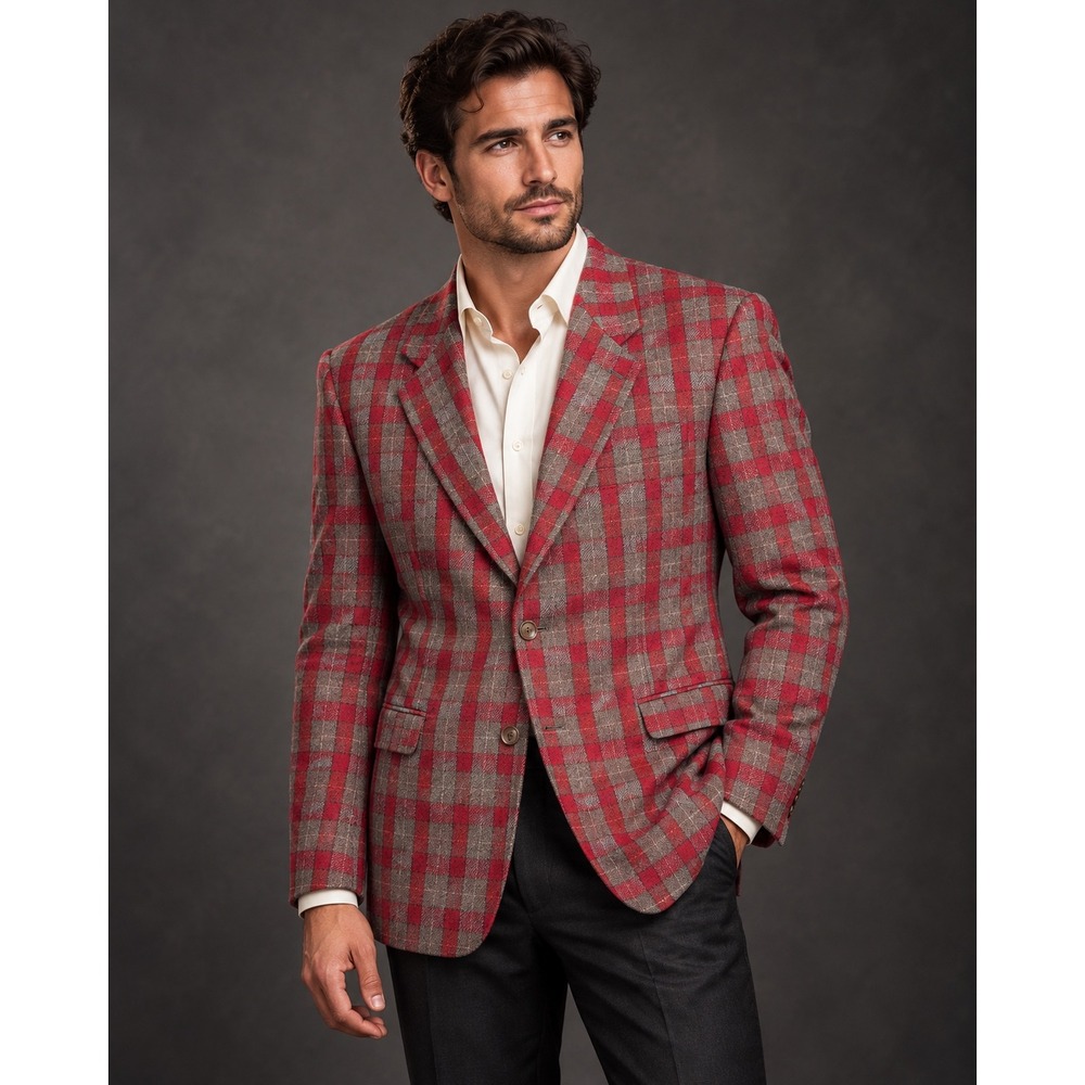 Gianni Disegnatore Leomaster Italian Wool Plaid Blazer Sport Coat Red Grey 48R